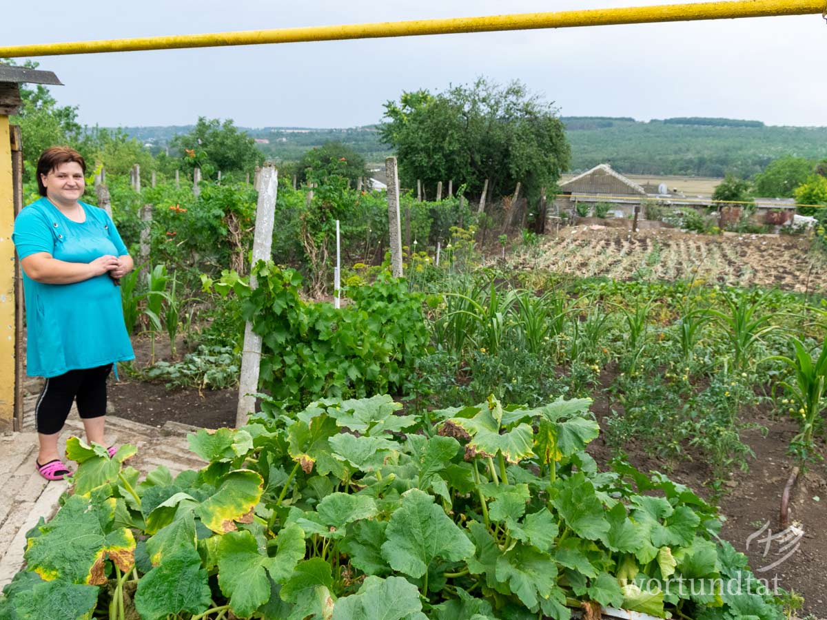 Die Mutter arbeitet im Obdachlosenheim von wortundtat als Reinigungskraft und ist sehr froh über die Stelle dort. Ihr vorheriger Arbeitgeber hatte ihr gekündigt, als sie nach einer Gehaltserhöhung gefragt hatte: In dem Baumarkt verdiente sie für rund 24 Tage Arbeit im Monat 125 Euro. Im Garten baut sie Gemüse an. Trotzdem kommt sie nur über die Runden, weil wortundtat sie unterstützt, zum Beispiel mit Kleidung, Lebensmittelpaketen und Feuerholz im Winter. eine Frau steht vor einem großen Gemüsegarten mit Tomaten, Lauch, Zuchini, Wein und anderen Nutzpflanzen