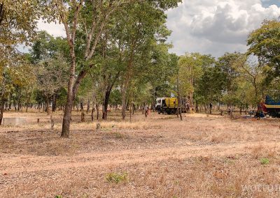 Dry grass, trees, a truck in between